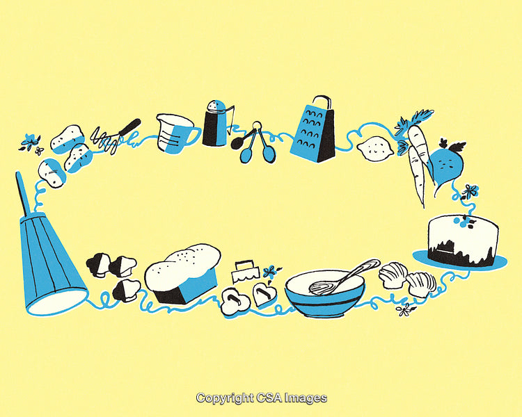 Whimsical Kitchen Tool Illustration Featuring Food and Utensils on Yellow Background