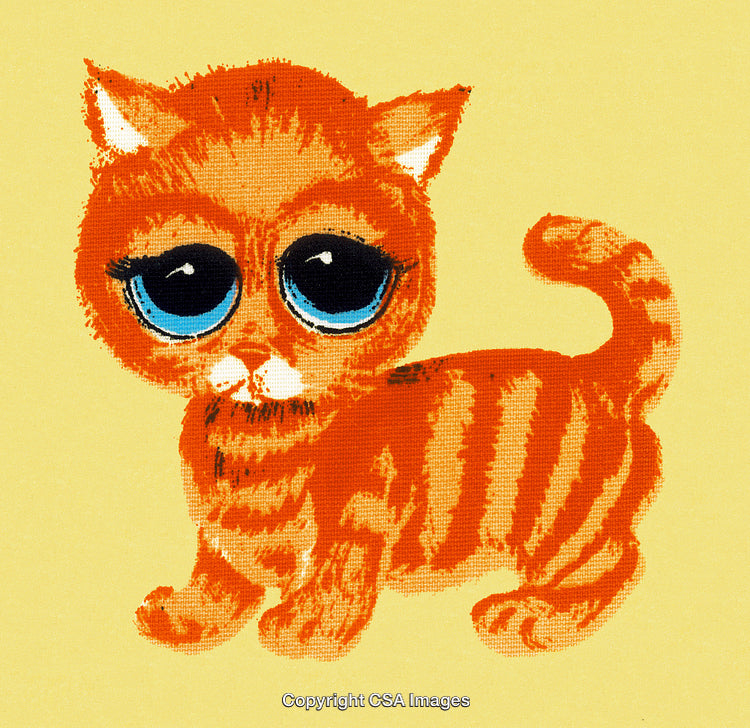 Adorable Orange Kitten Painting With Large Blue Eyes on Yellow Background