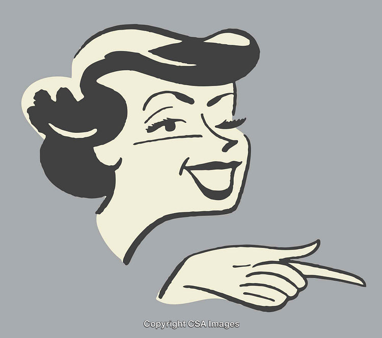 Retro-Style Smiling Woman Pointing in a Vintage Line Art Illustration