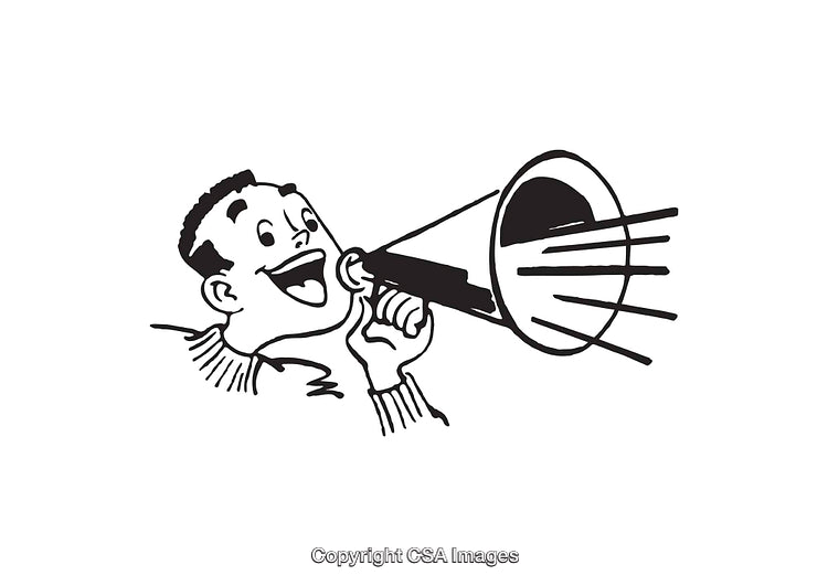 Black and White Line Art of Man Shouting Through a Megaphone