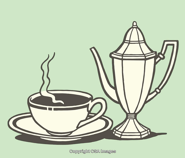 Elegant Line Art Illustration of a Coffee Cup and Teapot on Green