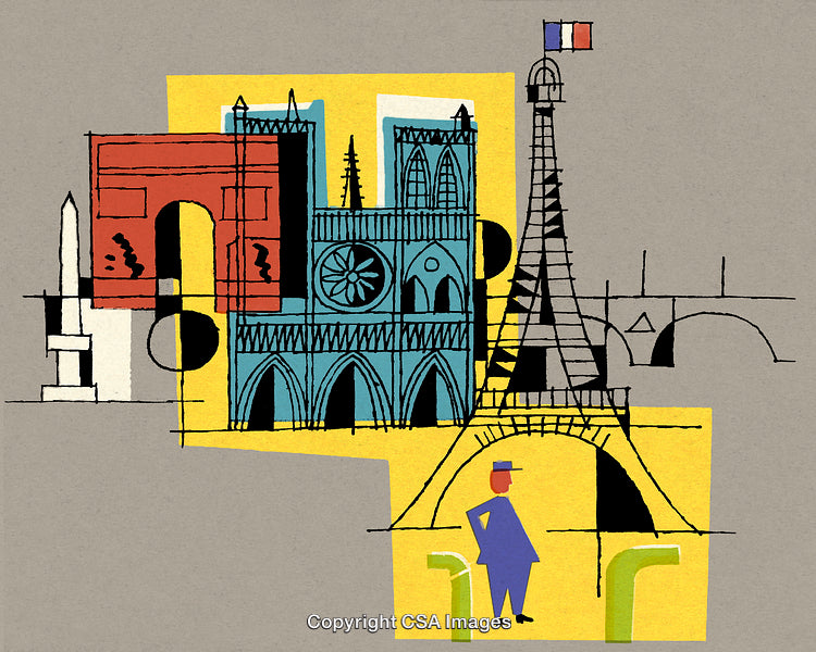 Modern Artistic Illustration of Iconic Parisian Architectural Landmarks