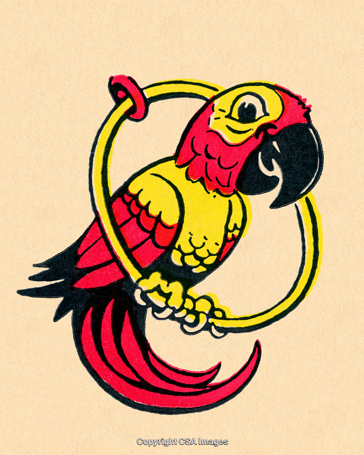 Colorful Parrot Illustration Perched on a Ring with Artistic Details