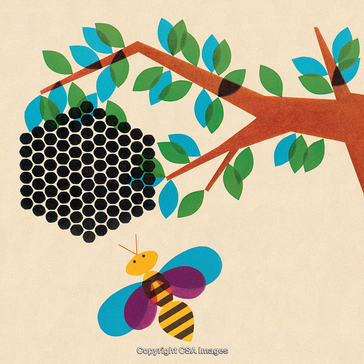 Illustrated Bee and Hive on Tree Branch with Green and Blue Leaves