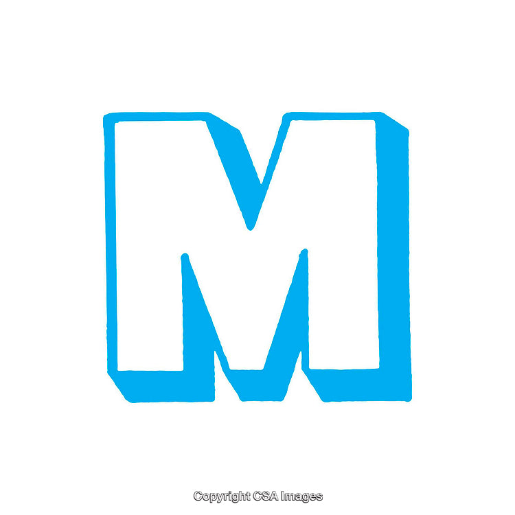 Bold Blue Letter M in Block Style on White Background