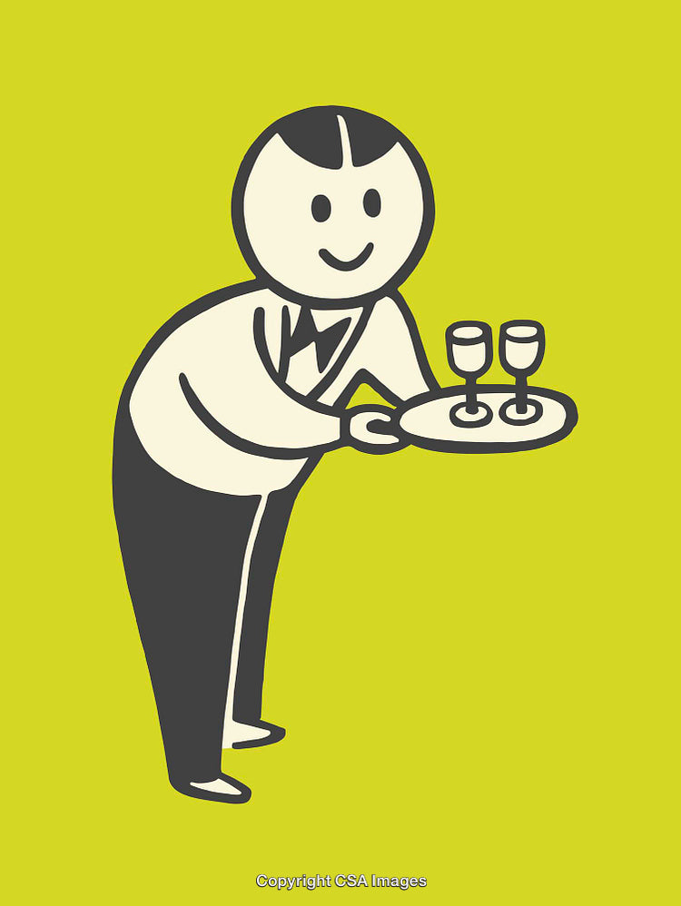 Cartoon Illustration of Waiter with Tray and Glasses on Yellow Background