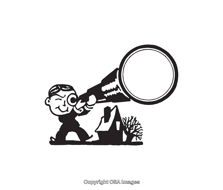 Vintage Line Art of Child Viewing House Through Telescope
