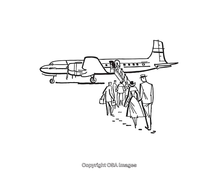 Black and White Line Art of People Boarding an Airplane
