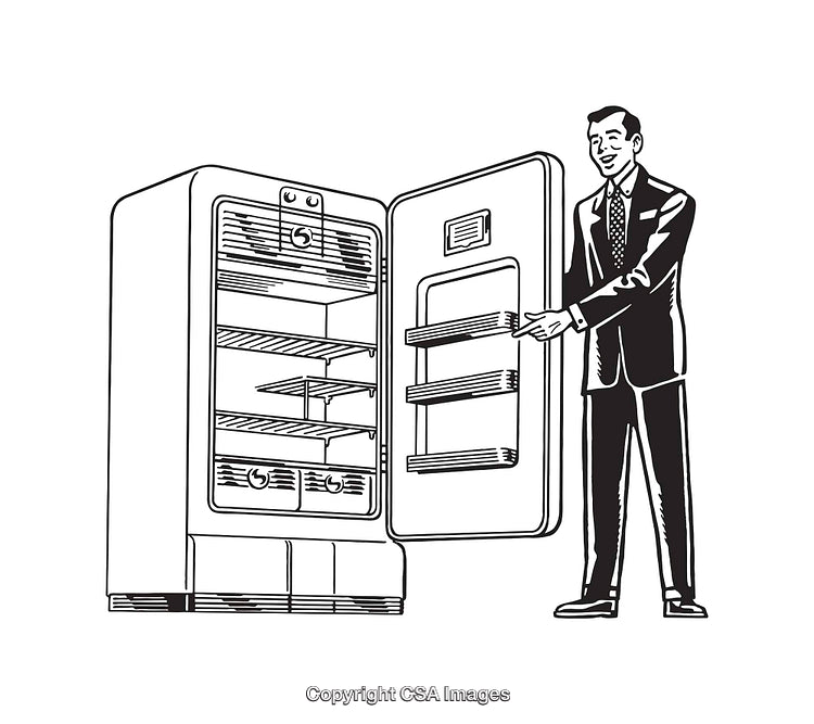Retro Styled Line Art of a Man Displaying an Open Refrigerator
