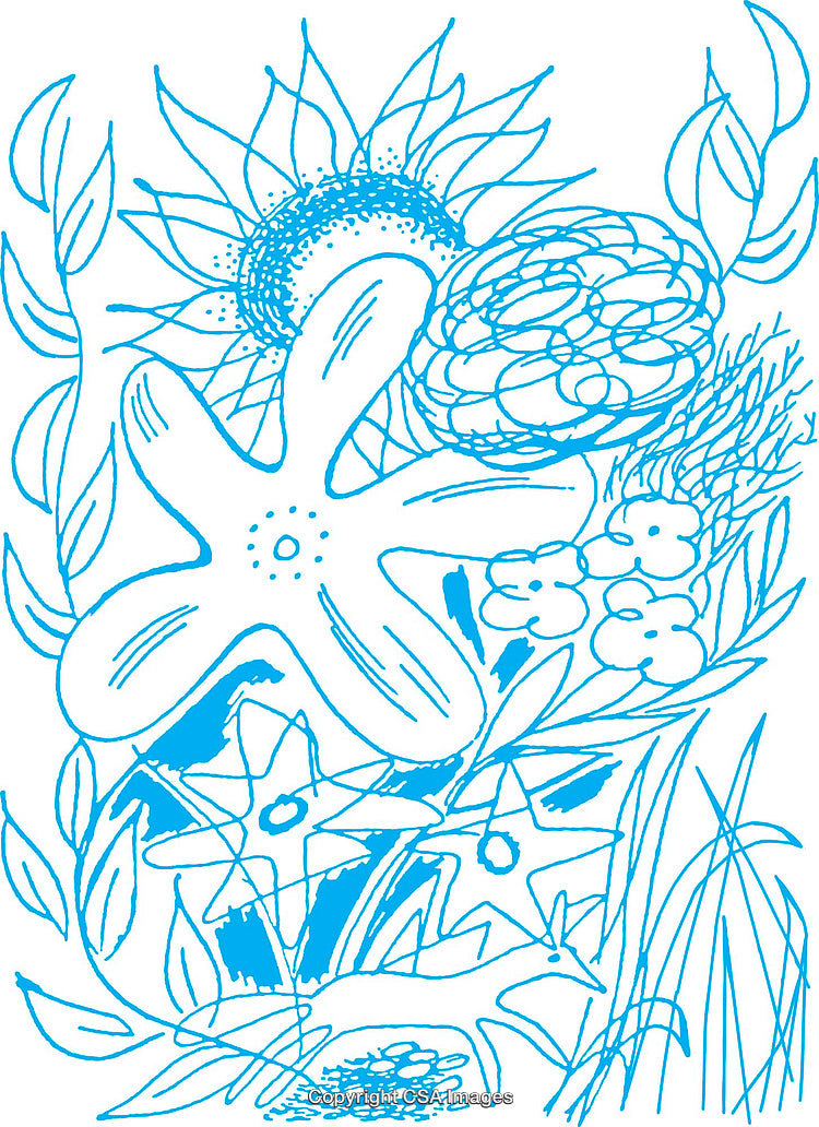 Blue Hand-Drawn Floral Illustration with Various Flowers and Nature Elements