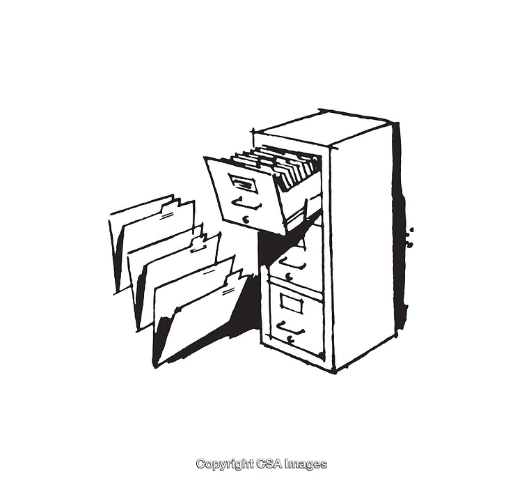 Illustration of Filing Cabinet and Folders in Black and White Line Art