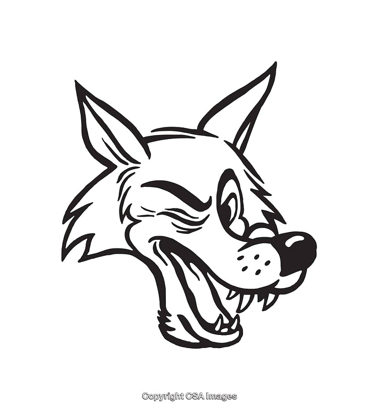 Black and White Line Art Illustration of a Winking Cartoon Wolf Face