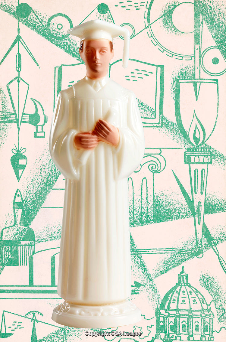 Plastic Graduate Figurine Against an Educational-Themed Graphic Background