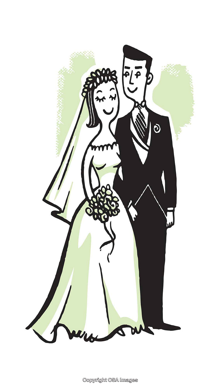 Illustration of a Happy Couple in Wedding Attire, Smiling Together