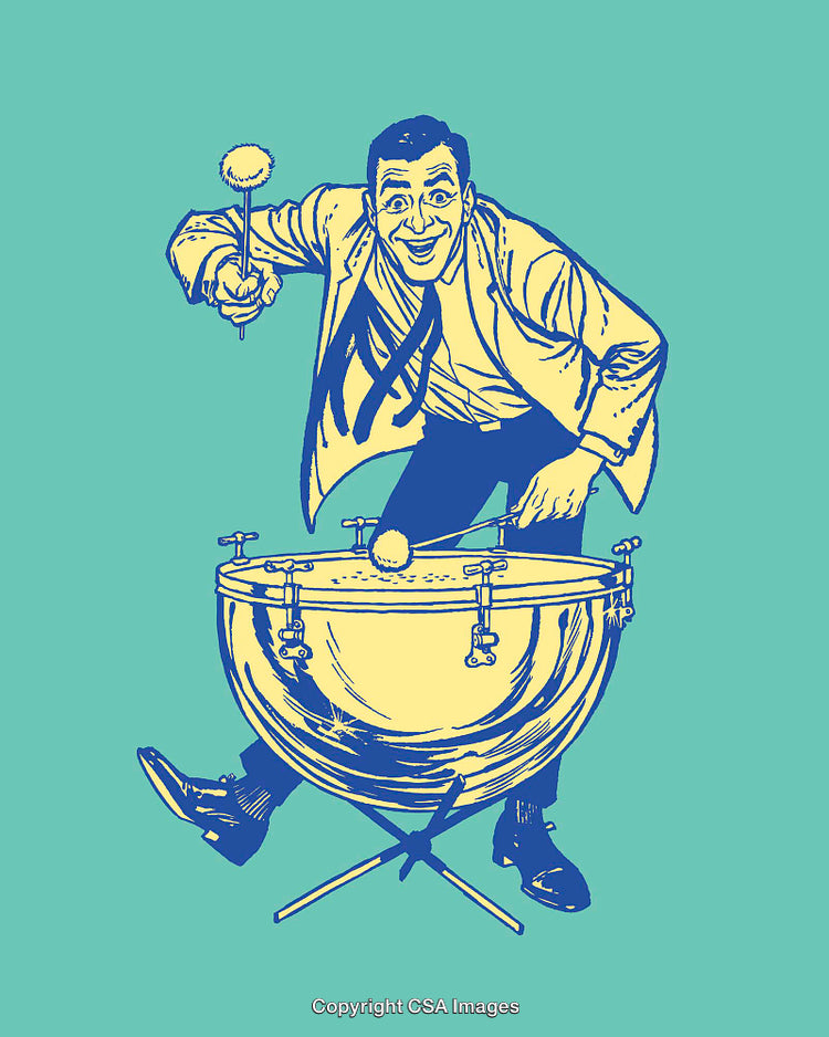 Retro Style Illustration of Musician Playing Timpani in Vibrant Colors