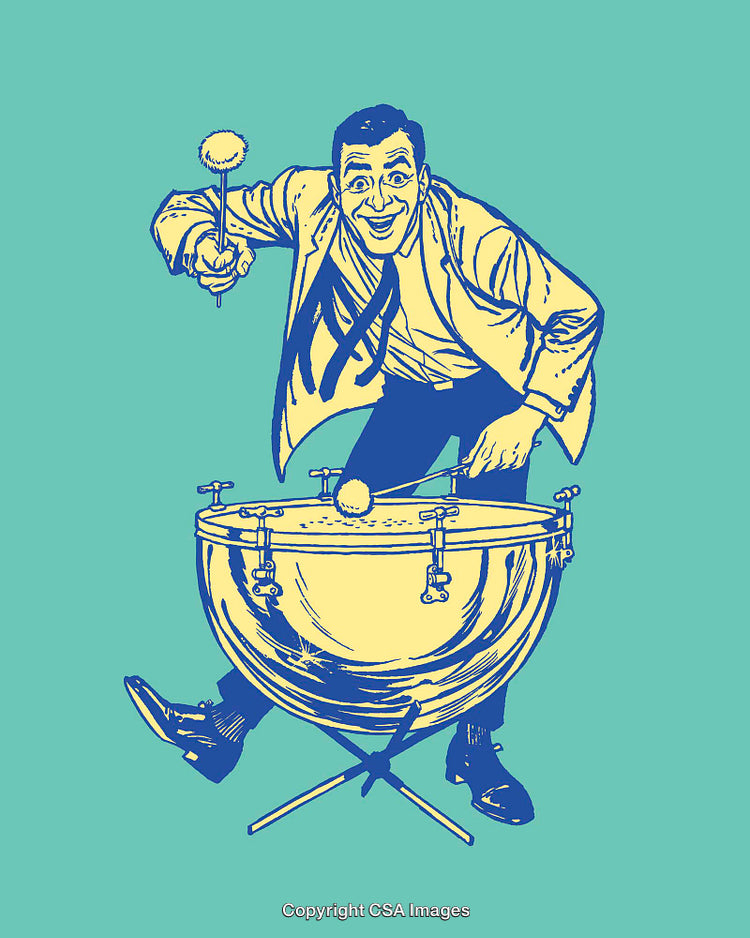 Retro Style Illustration of Musician Playing Timpani in Vibrant Colors
