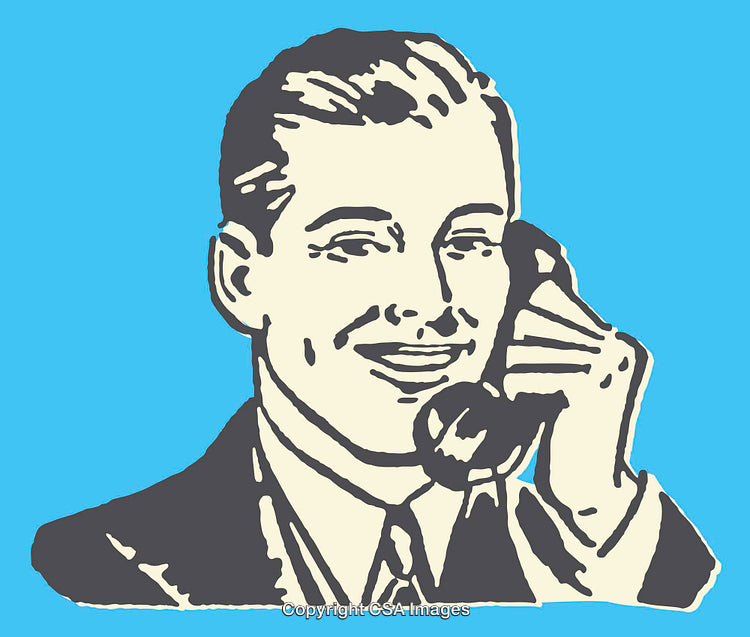 Retro Style Illustration of Man Talking on a Telephone on Blue Background