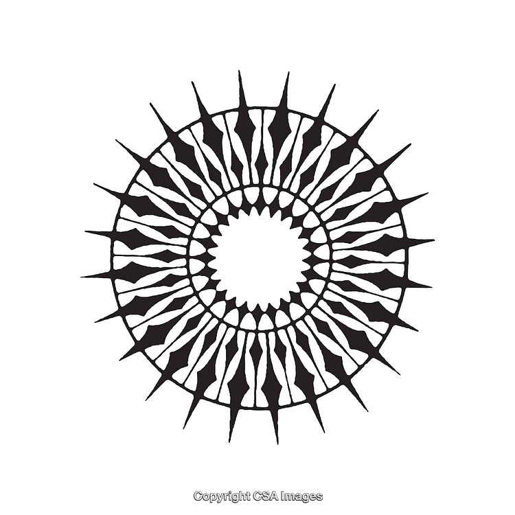 Circular Black and White Dingbat Design with Symmetrical Shapes and Spokes