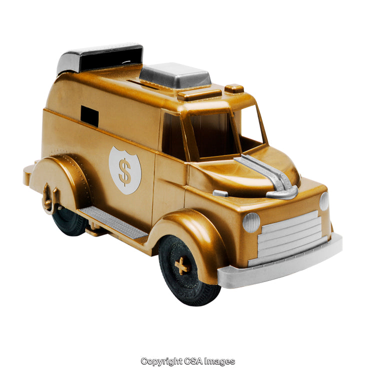 Golden Toy Armored Van Representing Wealth, Security, and Financial Stability