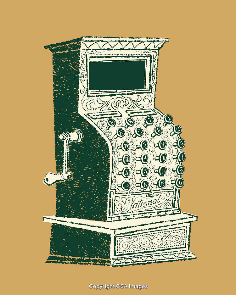 Vintage Line Art Illustration of a Decorative Cash Register