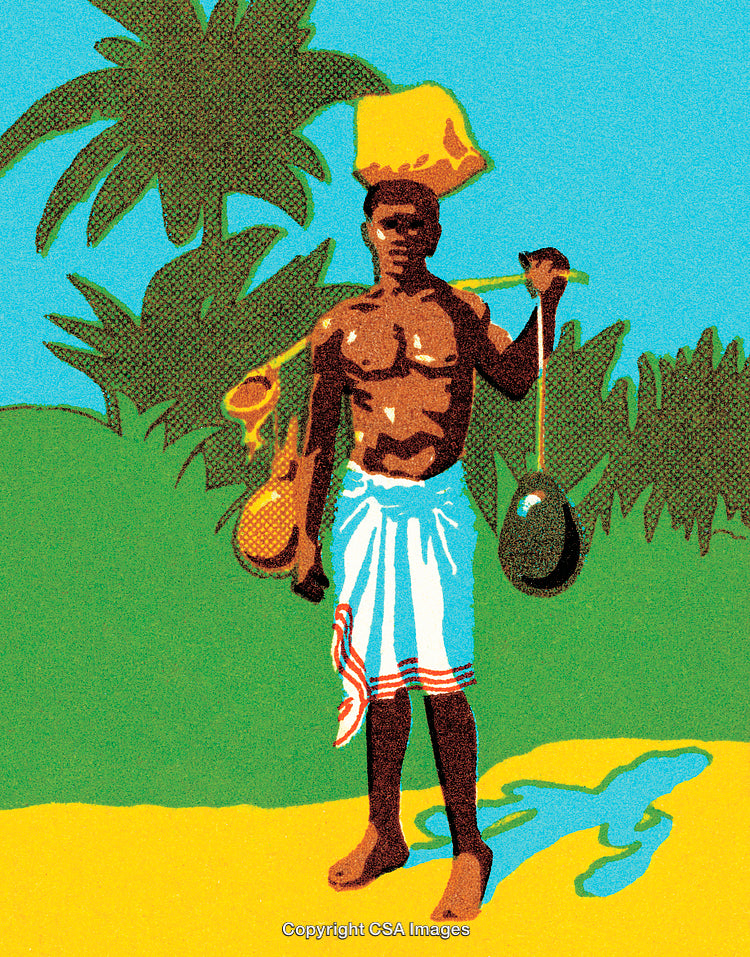 Traditional Figure Carrying Goods in a Tropical Landscape Setting