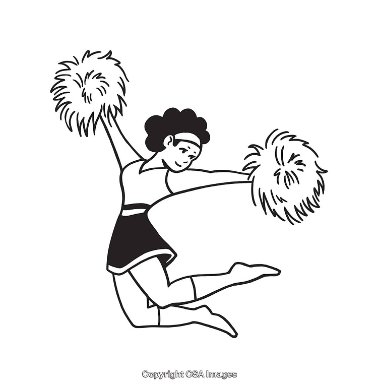 Black And White Illustration of a Cheerleader Jumping With Pom-Poms