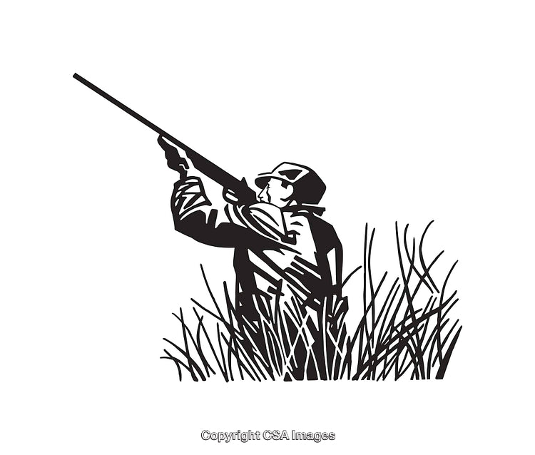 Black and White Illustration of a Hunter in a Grass Field with a Gun