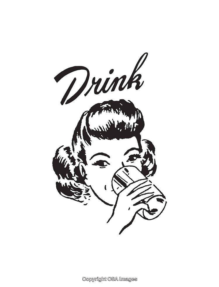 Vintage Drinking Illustration Featuring Woman Holding Glass in Retro Style