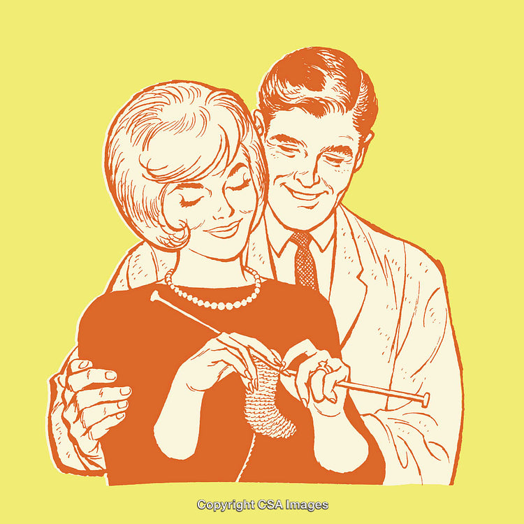 Vintage Illustration of a Couple Knitting Together in Warm Color Palette