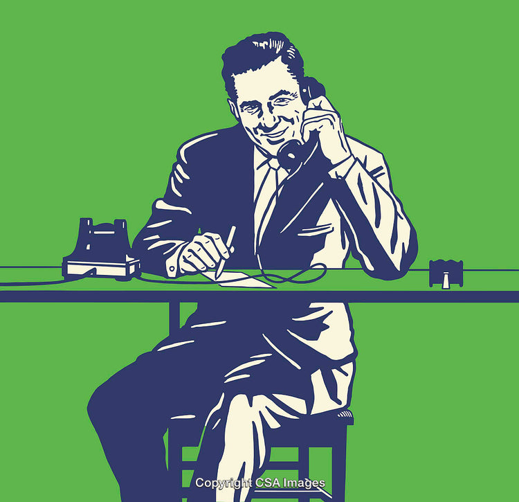 Retro Office Worker Talking on Phone in Line Art Illustration