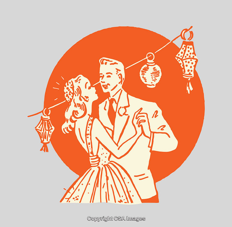 Retro Illustration of a Couple Dancing Under Decorative Lanterns