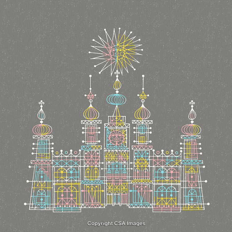 Intricate Geometric Palace Illustration With Vibrant Colors on a Gray Background