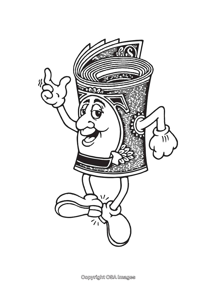 Cheerful Anthropomorphic Dollar Bill in Cartoon Line Art Style