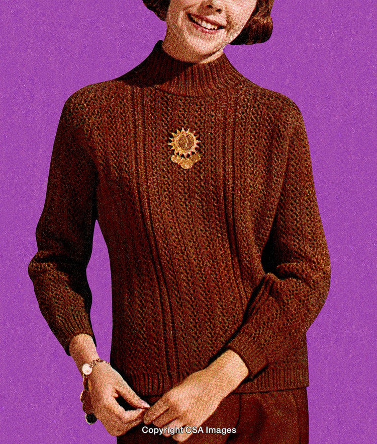 Vintage Styled Portrait of Woman Wearing Brown Sweater Against Purple Background