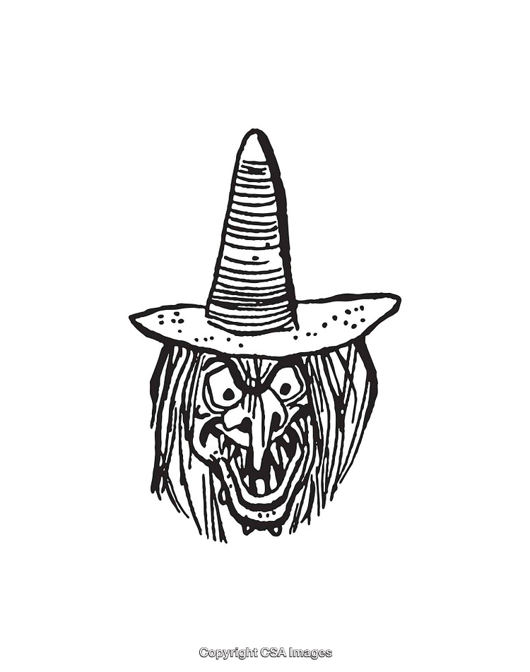 Black and White Line Art Illustration of a Witch Face with Hat