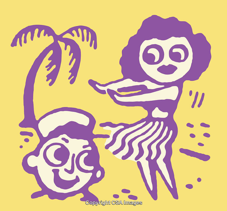 Stylized Tropical Themed Color Line Art Illustration with Playful Characters