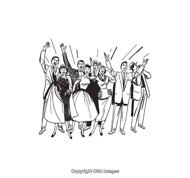 Group of Smiling People Cheering in Vintage Black and White Illustration