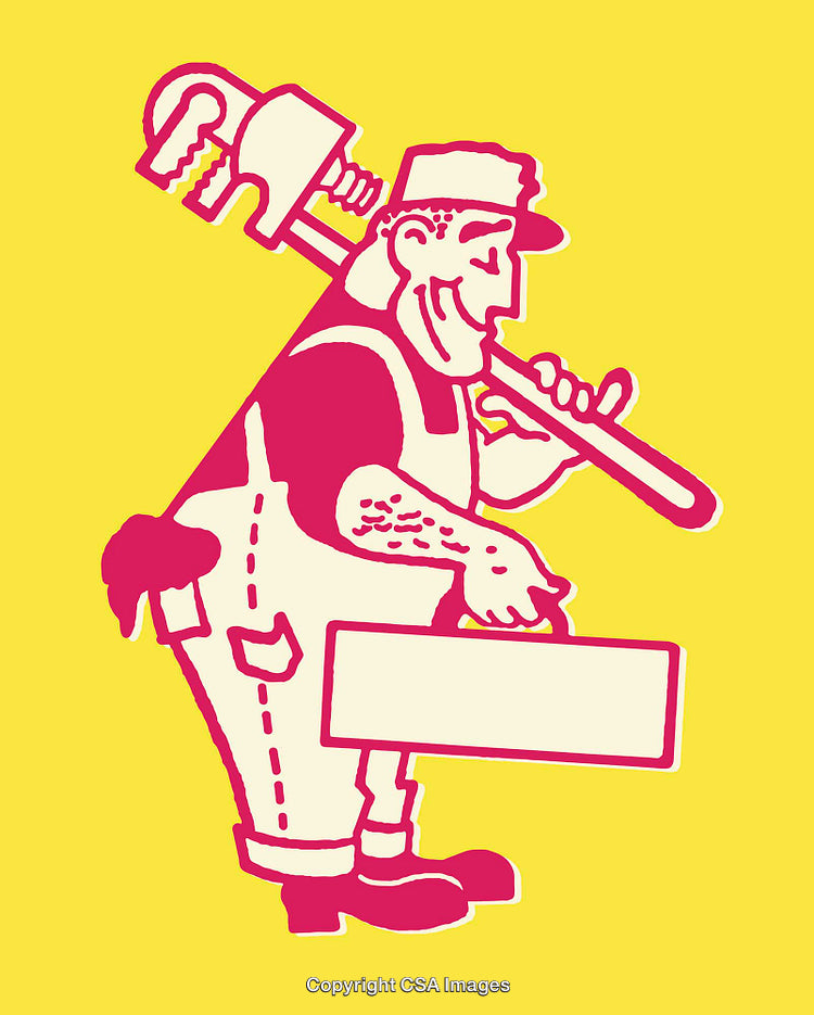 Colorful Retro Illustration of a Plumber Cartoon Carrying Tools and a Pipe Wrench