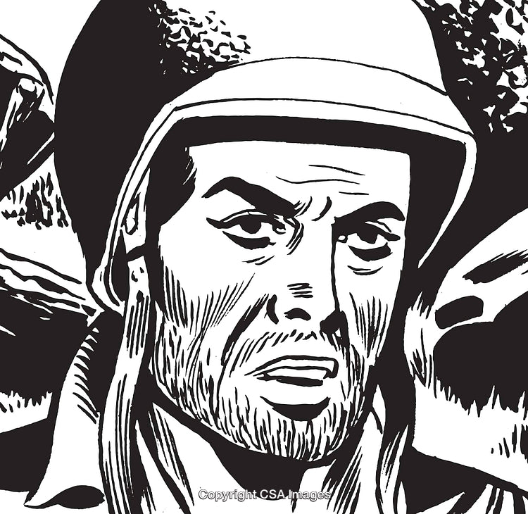 Detailed Black and White Drawing of a Concerned Man Wearing a Helmet