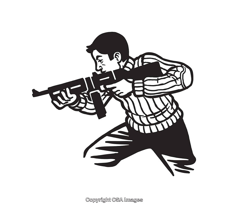 Black and White Line Art of a Man Holding a Rifle