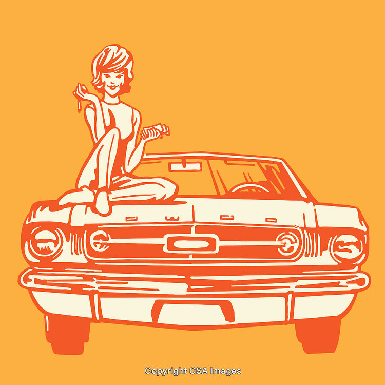 Retro Illustration of Woman Sitting on Classic Car Hood in Bold Colors