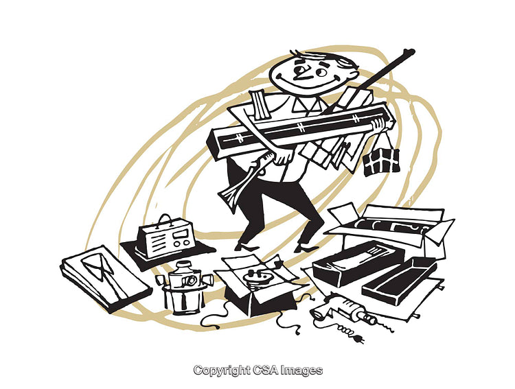 Retro-Inspired Cartoon of Busy Person With Oversized Packages and Clutter