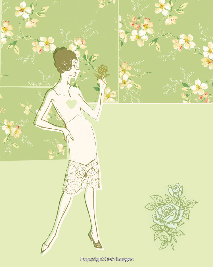 Elegant Vintage Illustration of a Woman with Floral Pattern and Delicate Details