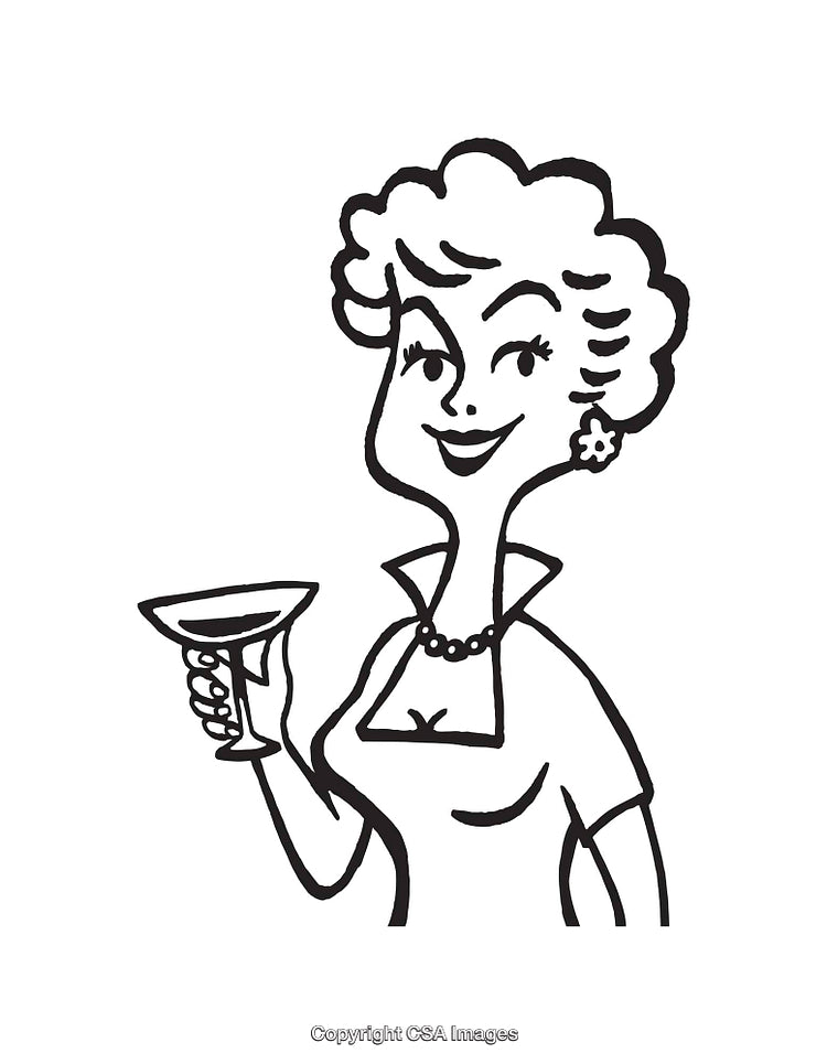 Retro Black and White Illustration of a Happy Woman Holding a Glass