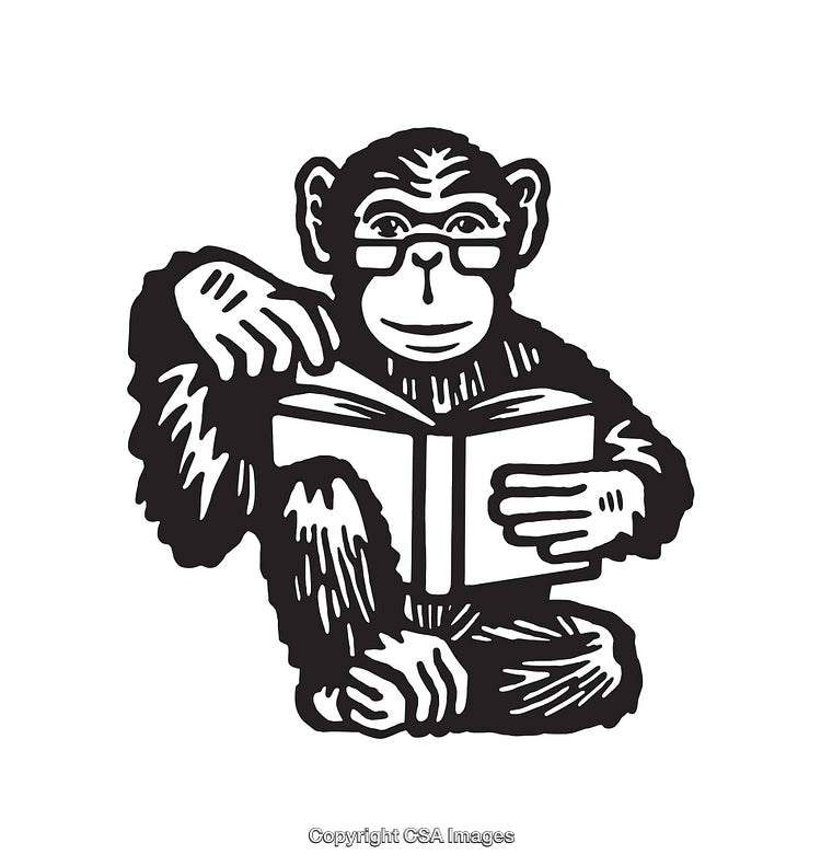 Monkey Reading Book Illustrated in Elegant Black and White Line Art Design