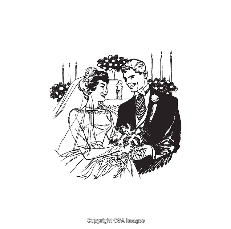 Elegant Black and White Vintage Wedding Illustration of a Happy Couple