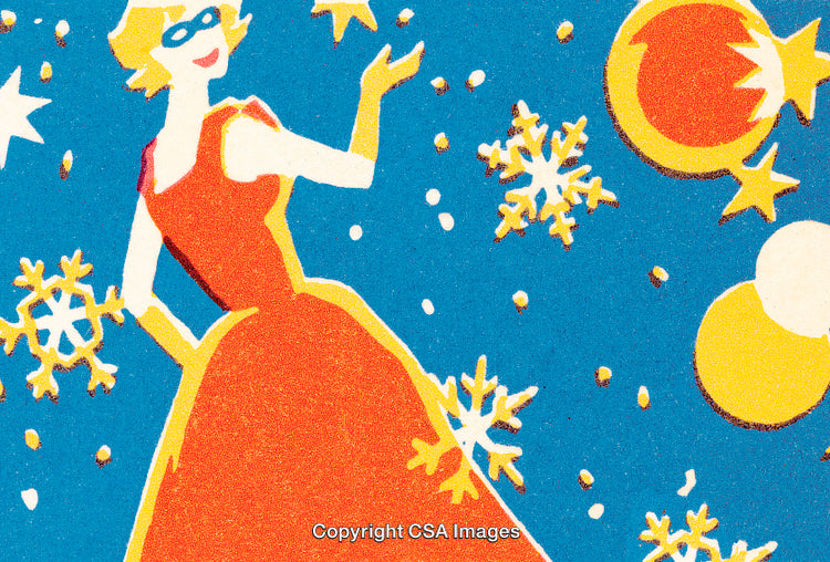 Colorful Illustration of Stylish Woman Amid Snowflakes and Stars