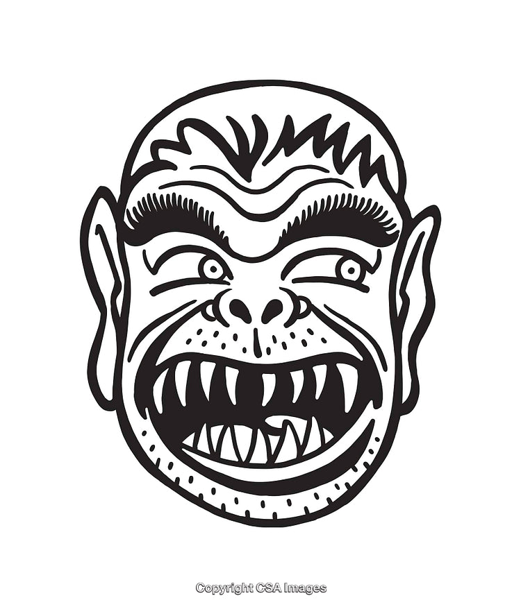 Black and White Line Art Illustration of a Monster Face Design