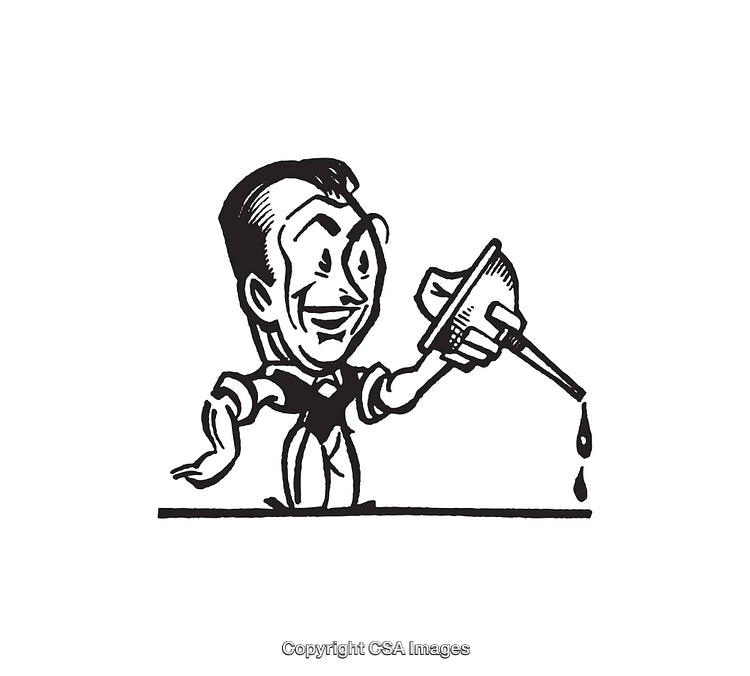 Vintage Illustration of a Man Using a Funnel in Black and White Line Art