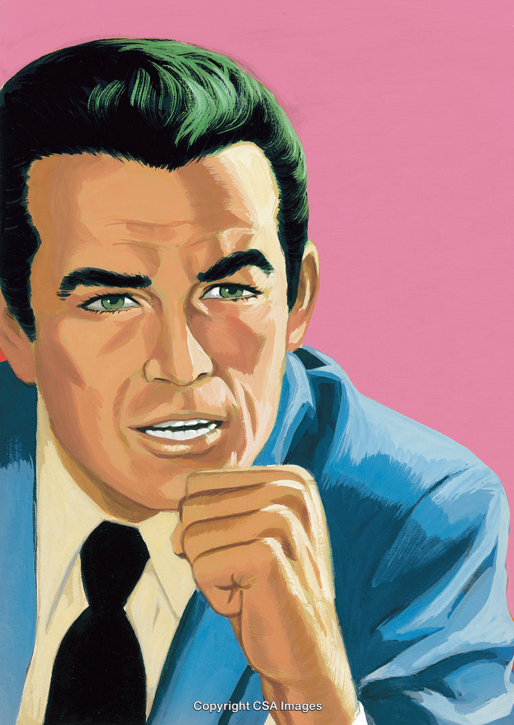 Retro Illustration of a Stylish Man Posing Thoughtfully Against a Pink Background
